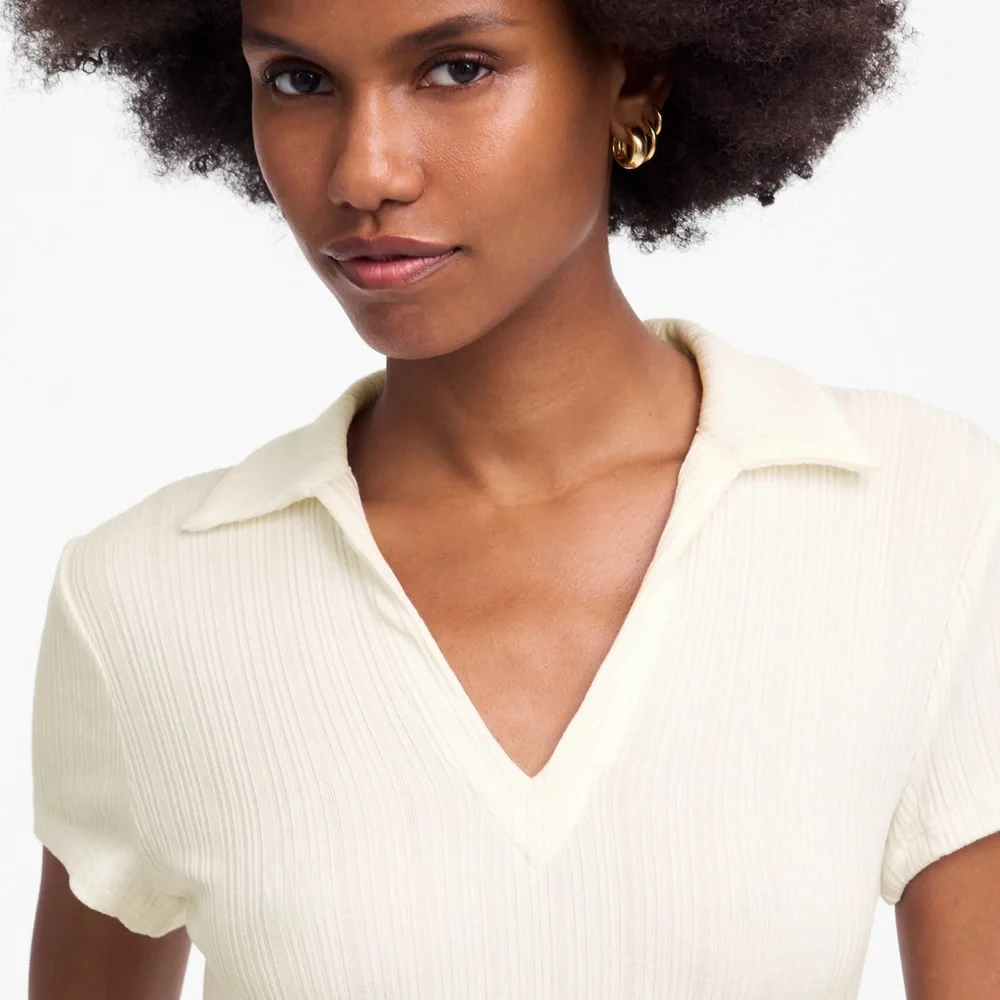 Madewell White Ribbed V-Neck Polo Tee - Picture 6 of 8
